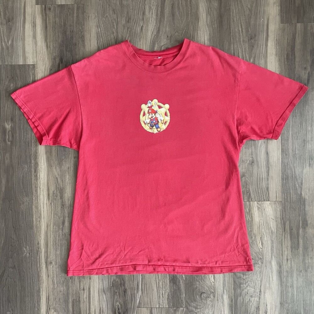 Vintage Super Mario Sunshine T-Shirt Mens Size L Nintendo Promo Red Double Sided